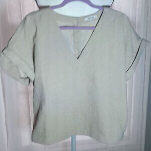 MADEWELL Short Cuffed Sleeve V-Neck Button-Up Back Cream Corduroy Cropped Top L*
